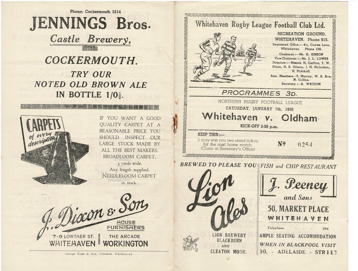 Programme cover: Oldham v Whitehaven, 7 January 1956
