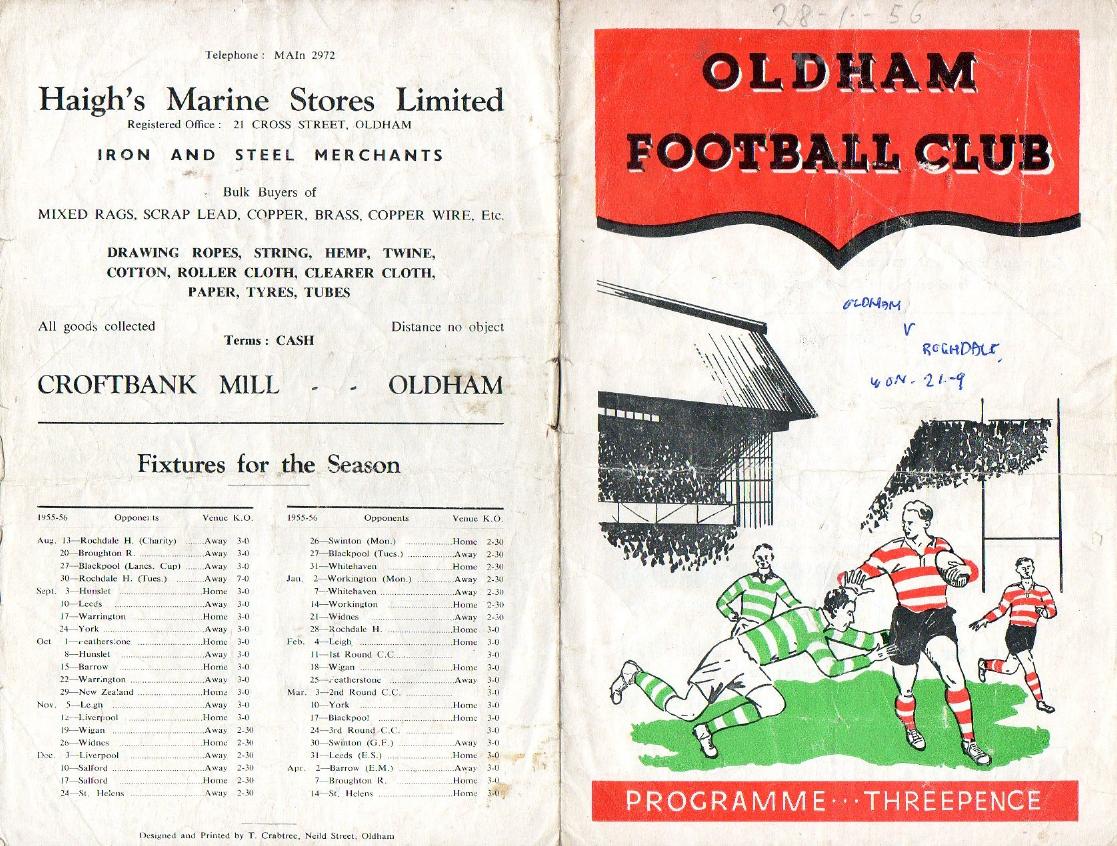 Programme cover: Oldham v Rochdale Hornets, 28 January 1956