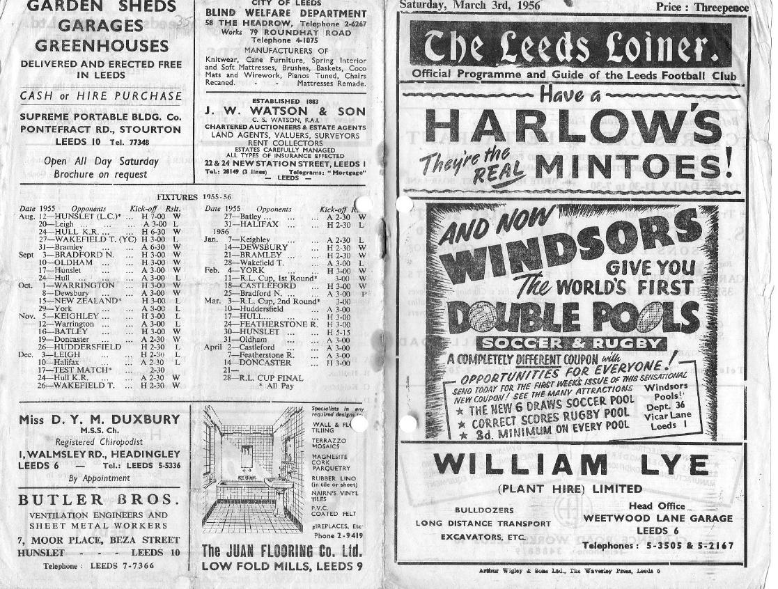 Programme cover: Oldham v Leeds, 3 March 1956