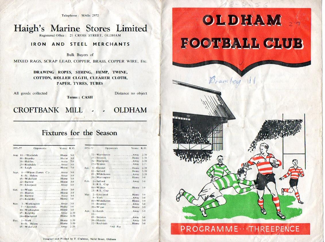 Programme cover: Oldham v Bramley, 18 August 1956