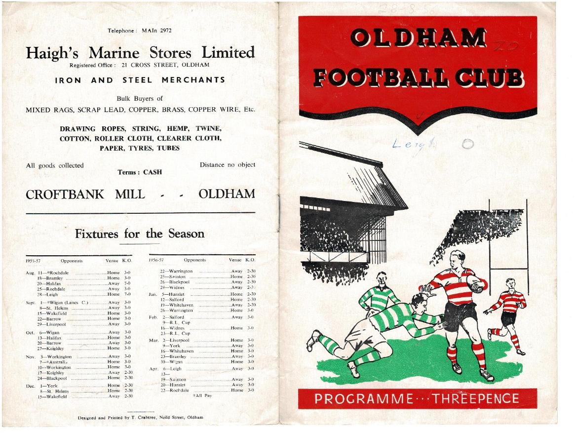 Programme cover: Oldham v Leigh, 28 August 1956