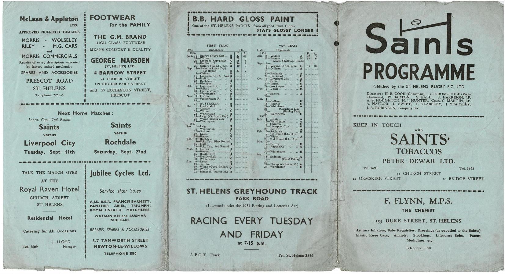 Programme cover: Oldham v St Helens, 8 September 1956