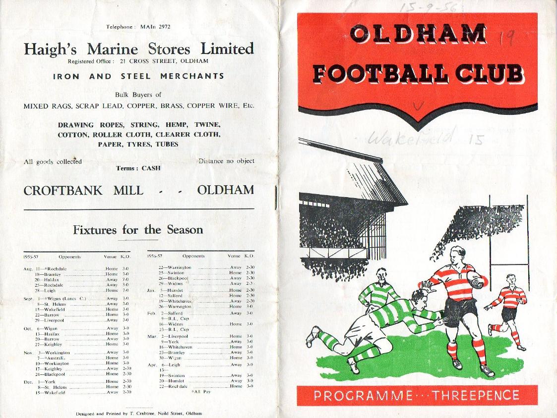 Programme cover: Oldham v Wakefield Trinity, 15 September 1956