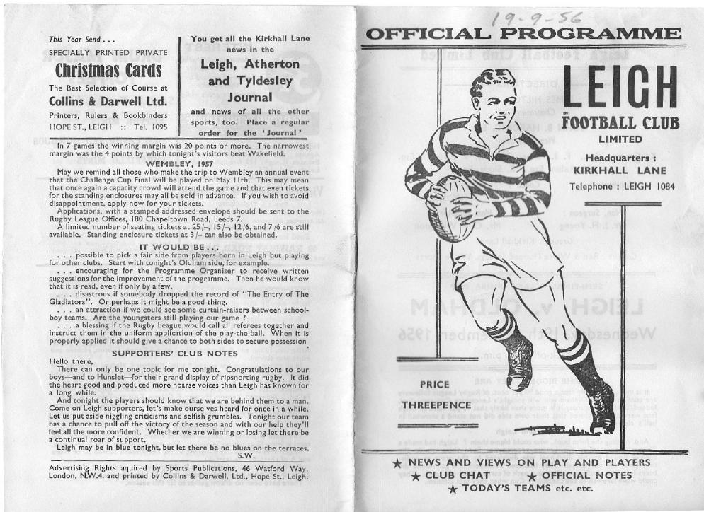 Programme cover: Oldham v Leigh, 19 September 1956