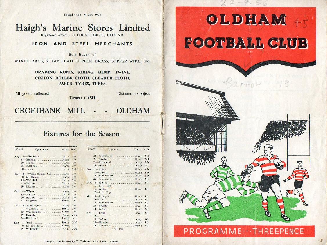 Programme cover: Oldham v Barrow, 22 September 1956