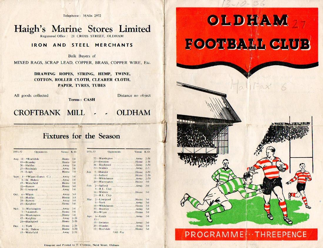 Programme cover: Oldham v Halifax, 13 October 1956