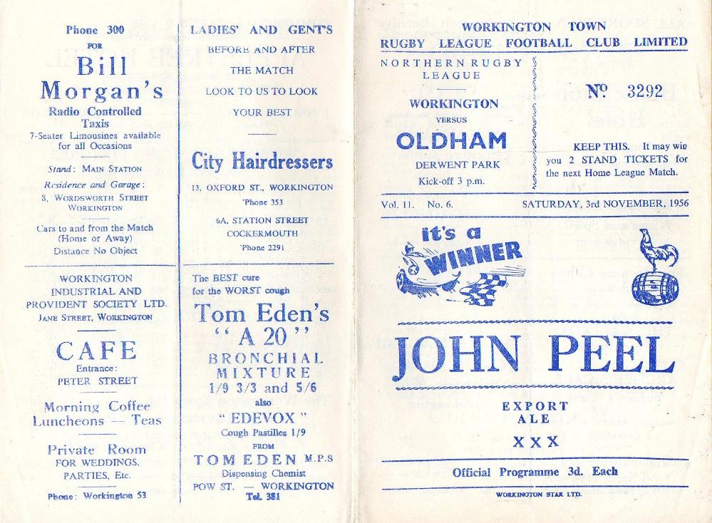 Programme cover: Oldham v Workington Town, 3 November 1956