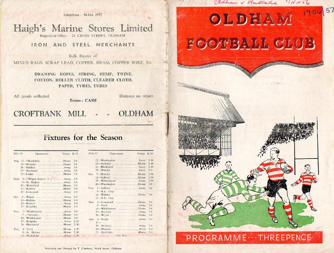 Programme cover: Oldham v Australia, 7 November 1956