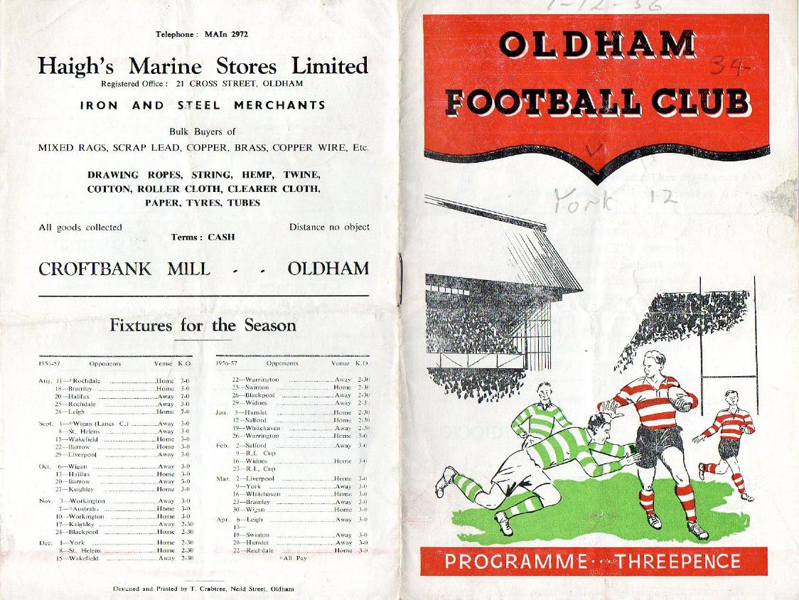 Programme cover: Oldham v York, 1 December 1956