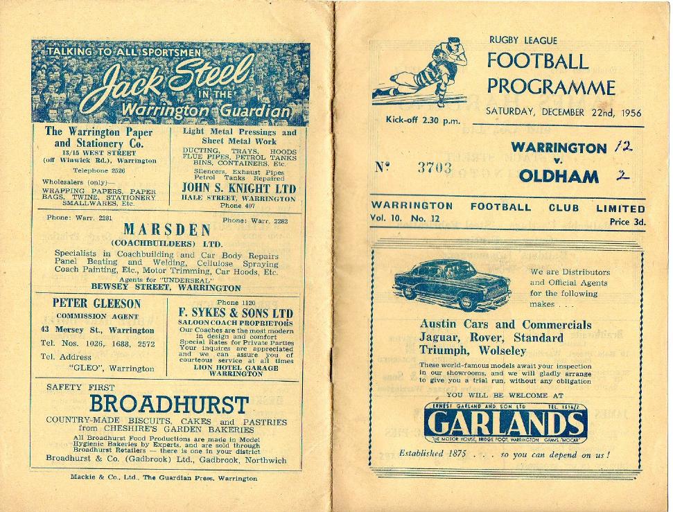 Programme cover: Oldham v Warrington, 22 December 1956