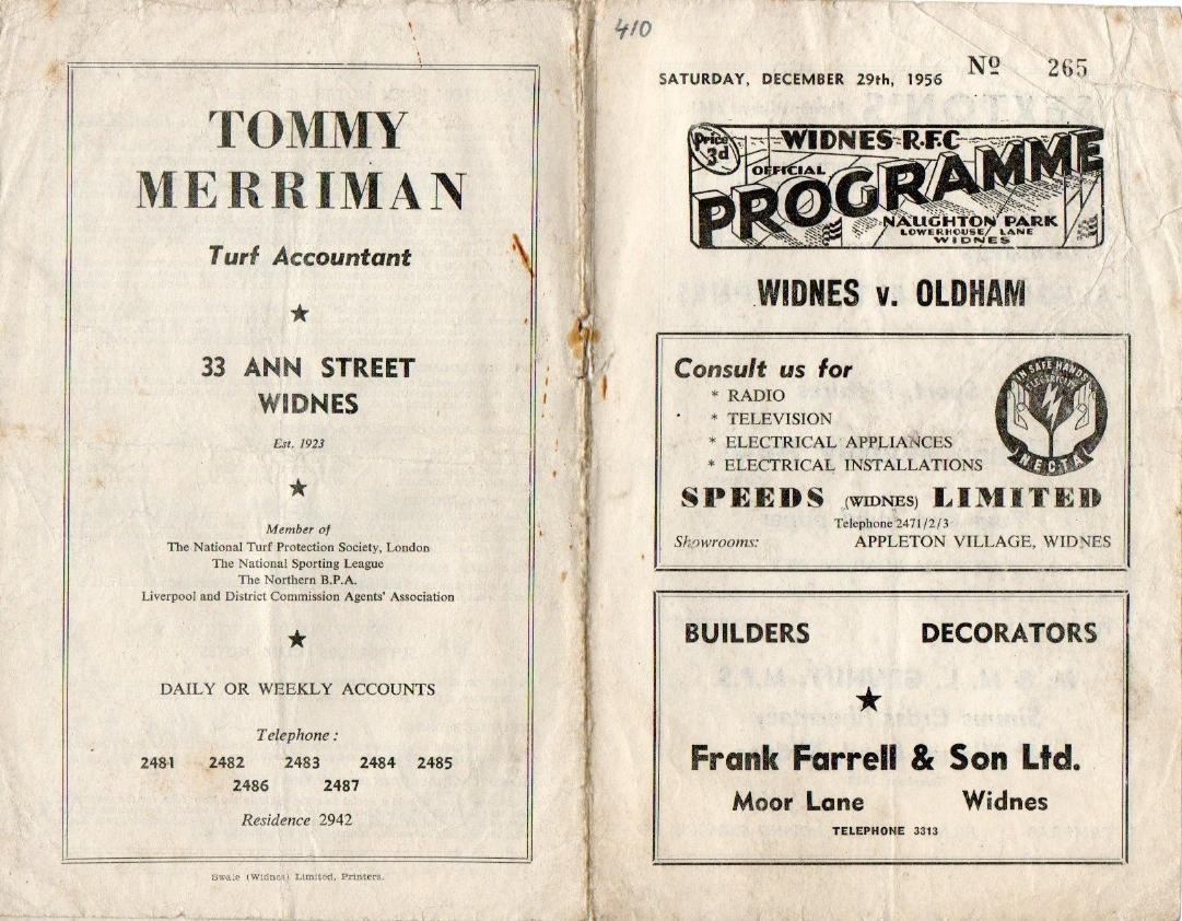 Programme cover: Oldham v Widnes, 29 December 1956