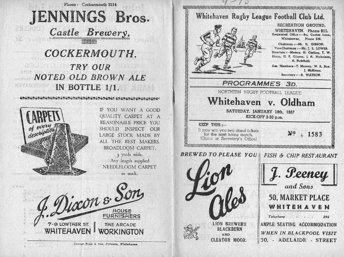 Programme cover: Oldham v Whitehaven, 19 January 1957