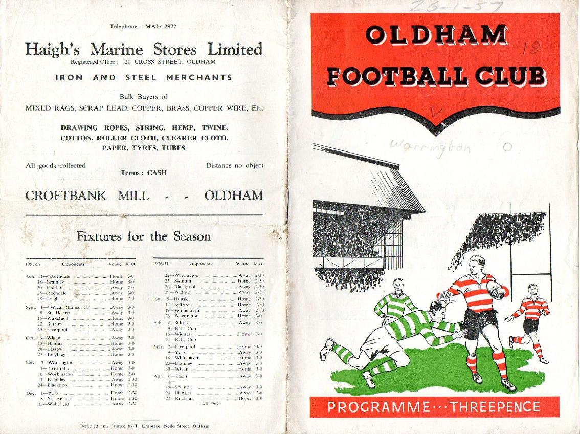 Programme cover: Oldham v Warrington, 26 January 1957