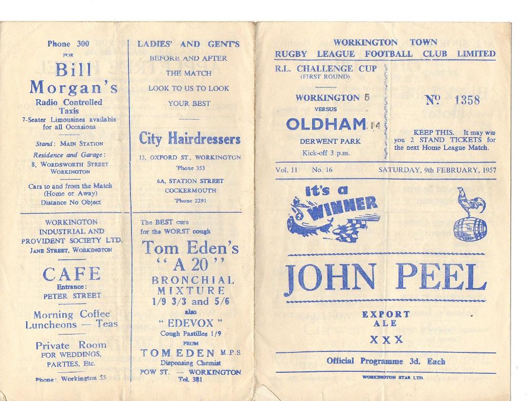 Programme cover: Oldham v Workington Town, 9 February 1957