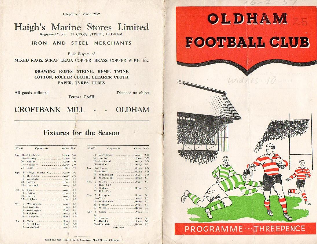 Programme cover: Oldham v Widnes, 16 February 1957