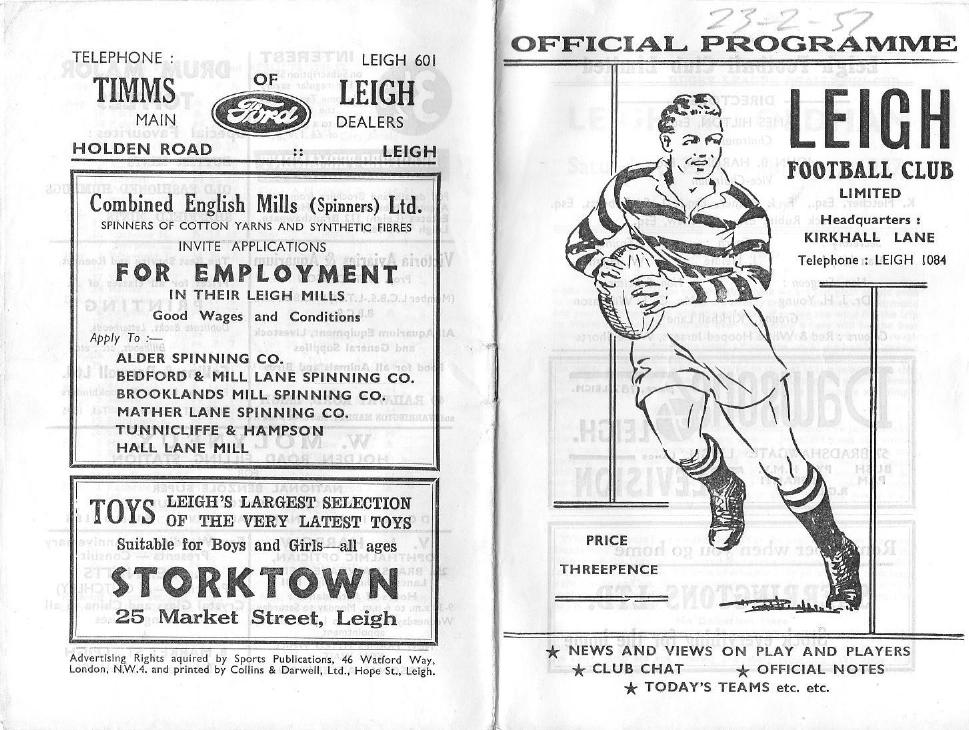 Programme cover: Oldham v Leigh, 23 February 1957