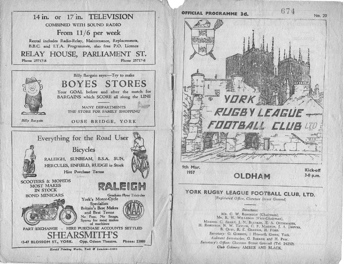 Programme cover: Oldham v York, 9 March 1957