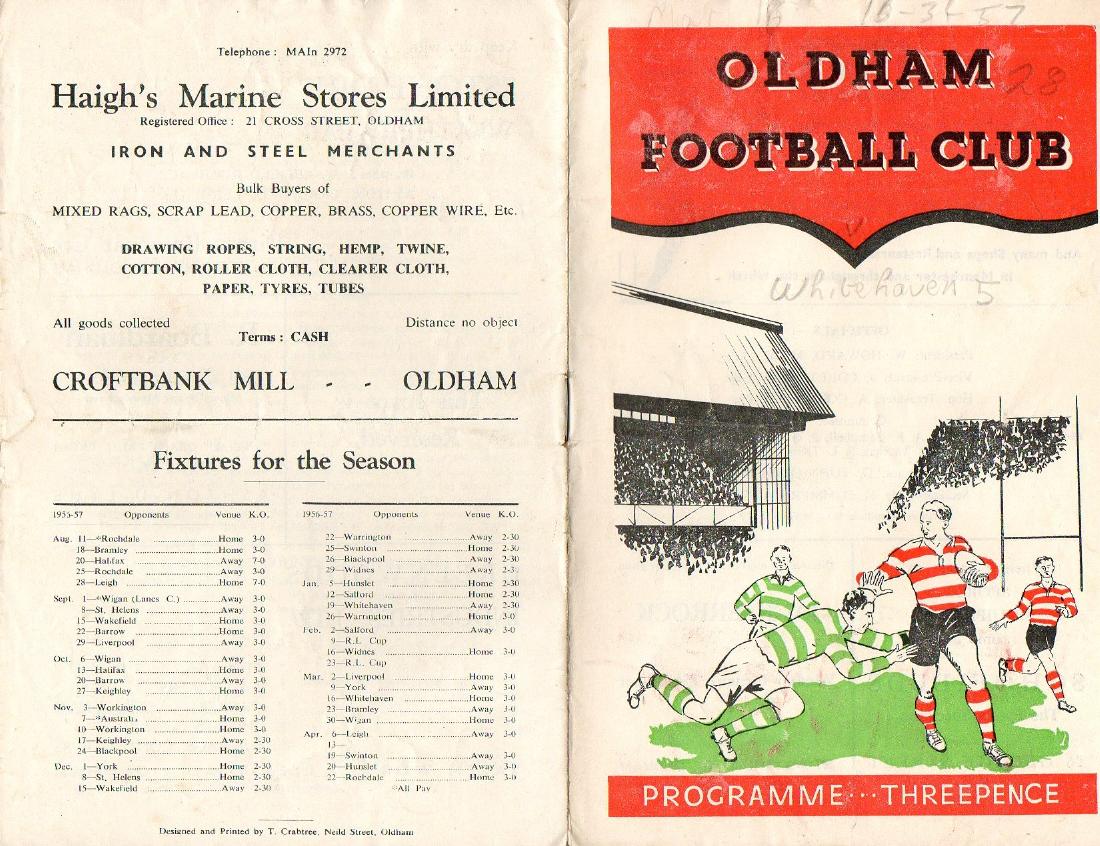 Programme cover: Oldham v Whitehaven, 16 March 1957
