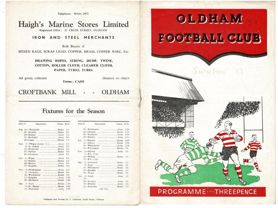 Programme cover: Oldham v Swinton, 15 April 1957