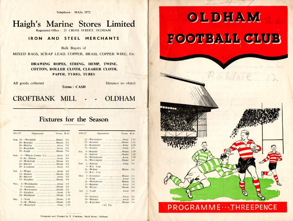 Programme cover: Oldham v Rochdale Hornets, 22 April 1957