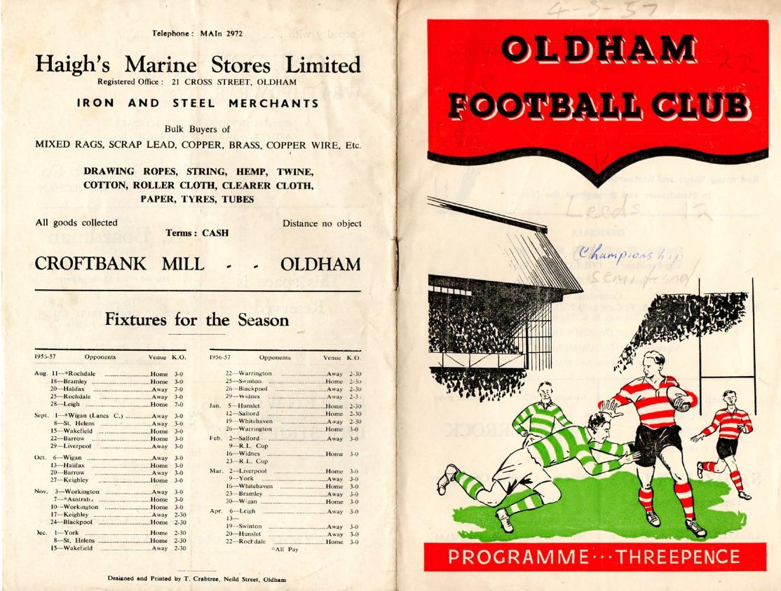 Programme cover: Oldham v Leeds, 4 May 1957