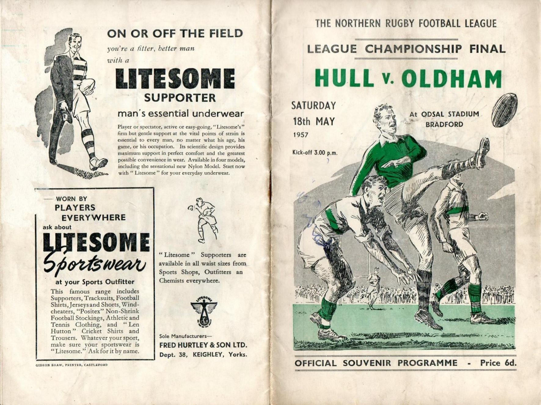 Programme cover: Oldham v Hull FC, 18 May 1957