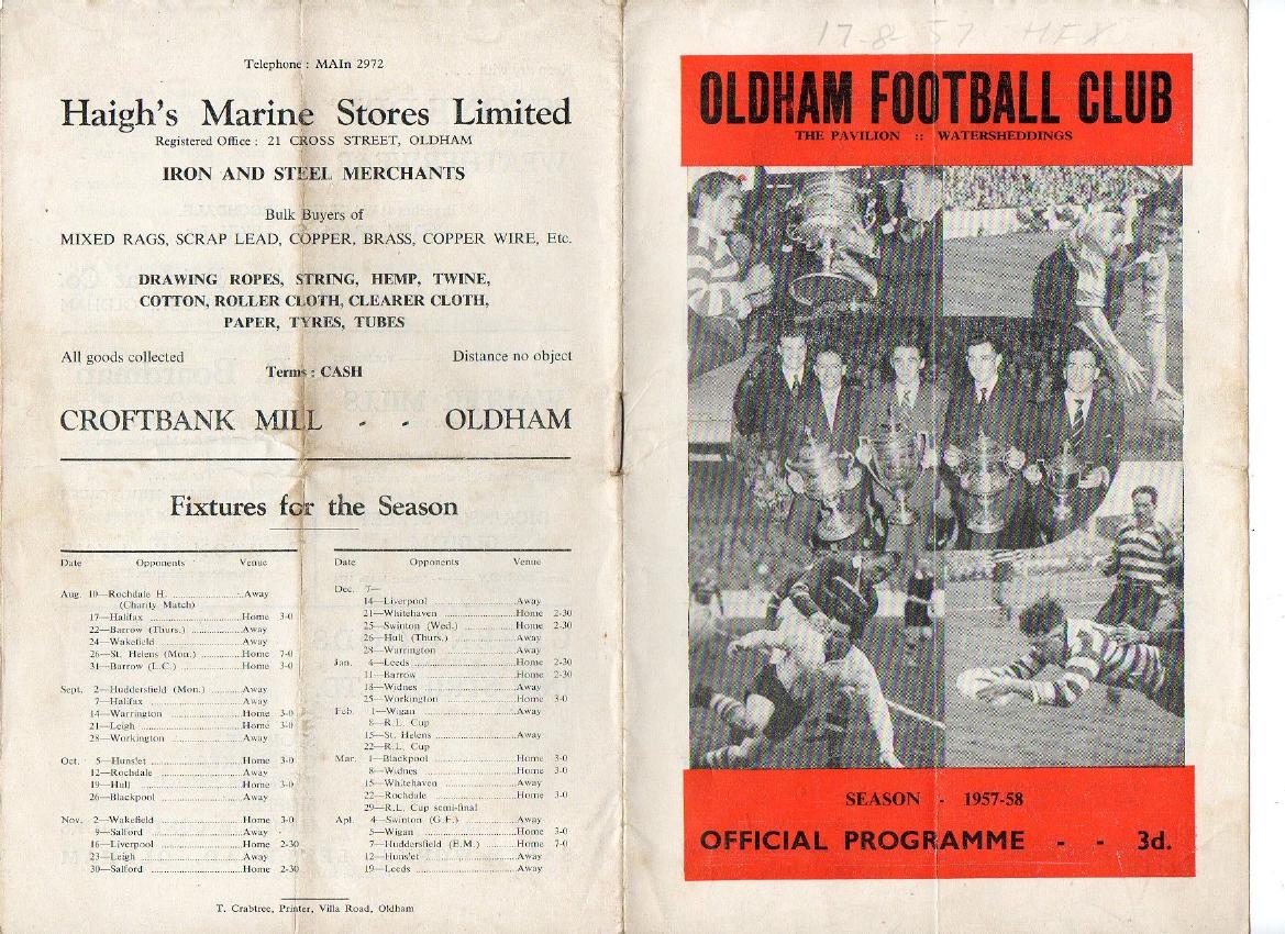 Programme cover: Oldham v Halifax, 17 August 1957
