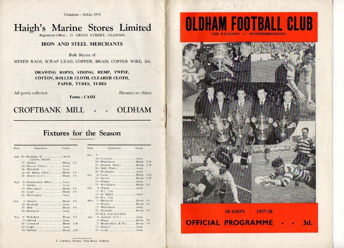 Programme cover: Oldham v St Helens, 26 August 1957