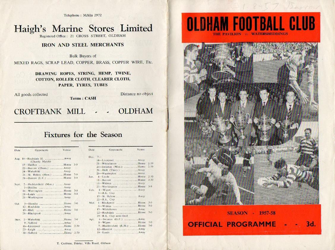 Programme cover: Oldham v Barrow, 31 August 1957