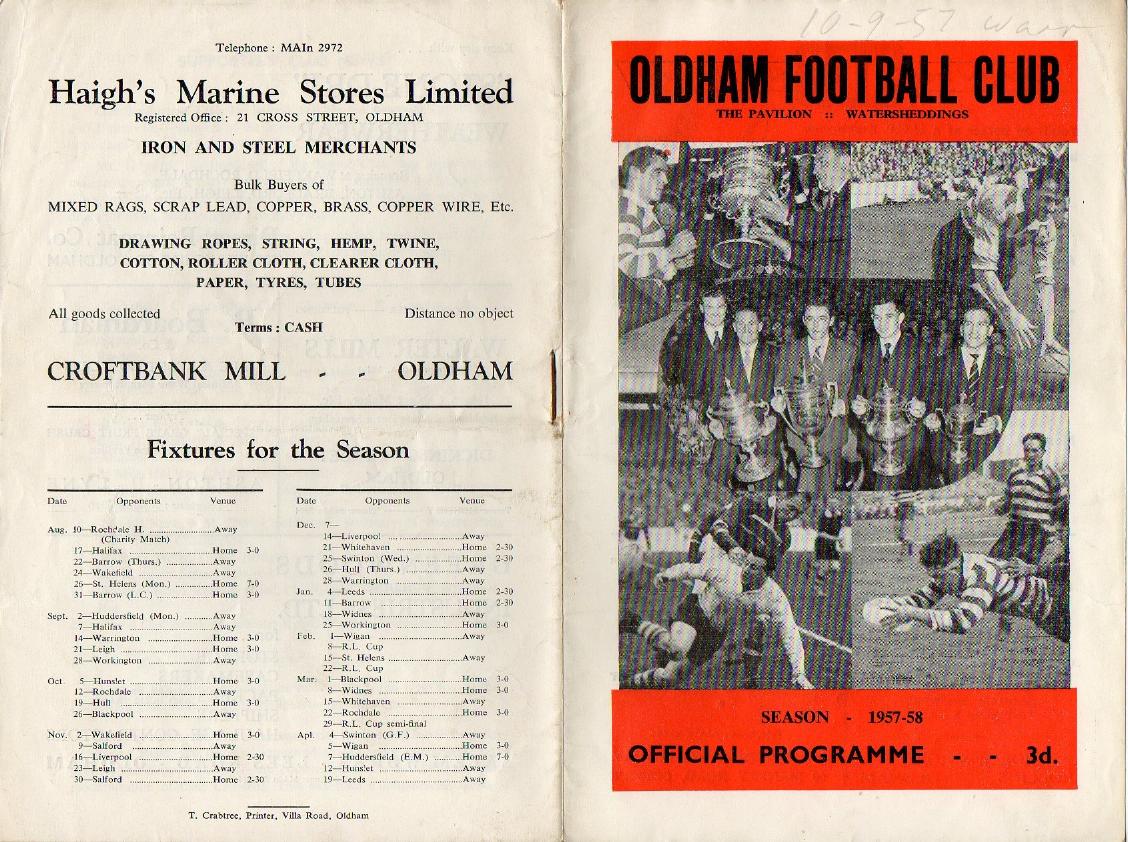 Programme cover: Oldham v Warrington, 10 September 1957