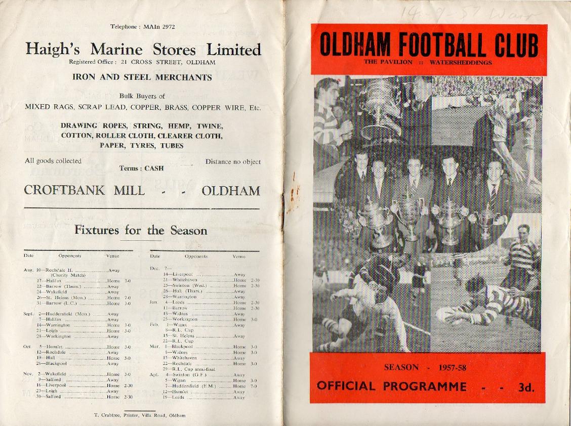 Programme cover: Oldham v Warrington, 14 September 1957
