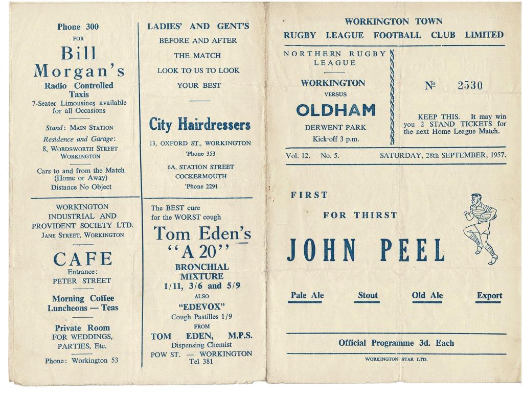 Programme cover: Oldham v Workington Town, 28 September 1957