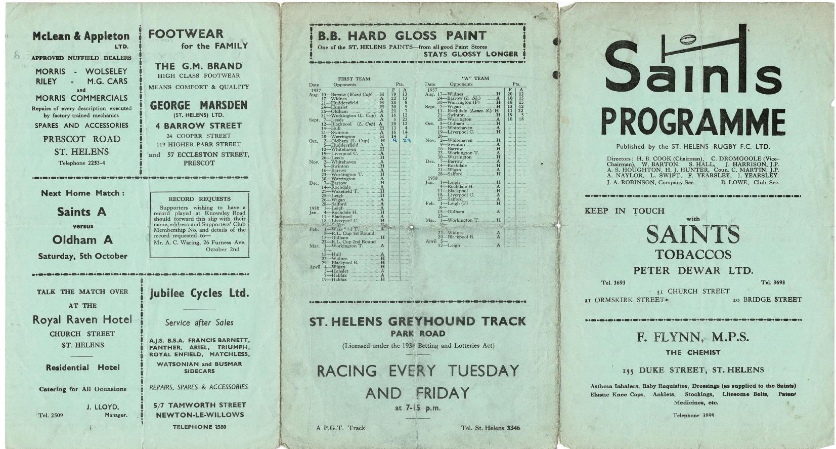 Programme cover: Oldham v St Helens, 2 October 1957