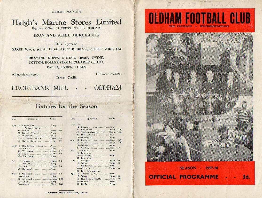 Programme cover: Oldham v Wakefield Trinity, 2 November 1957