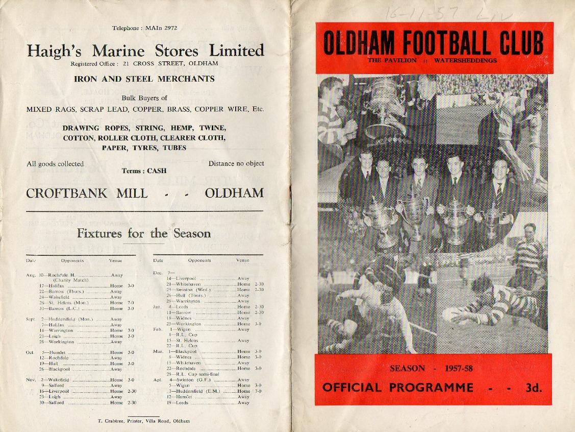 Programme cover: Oldham v Liverpool City, 16 November 1957