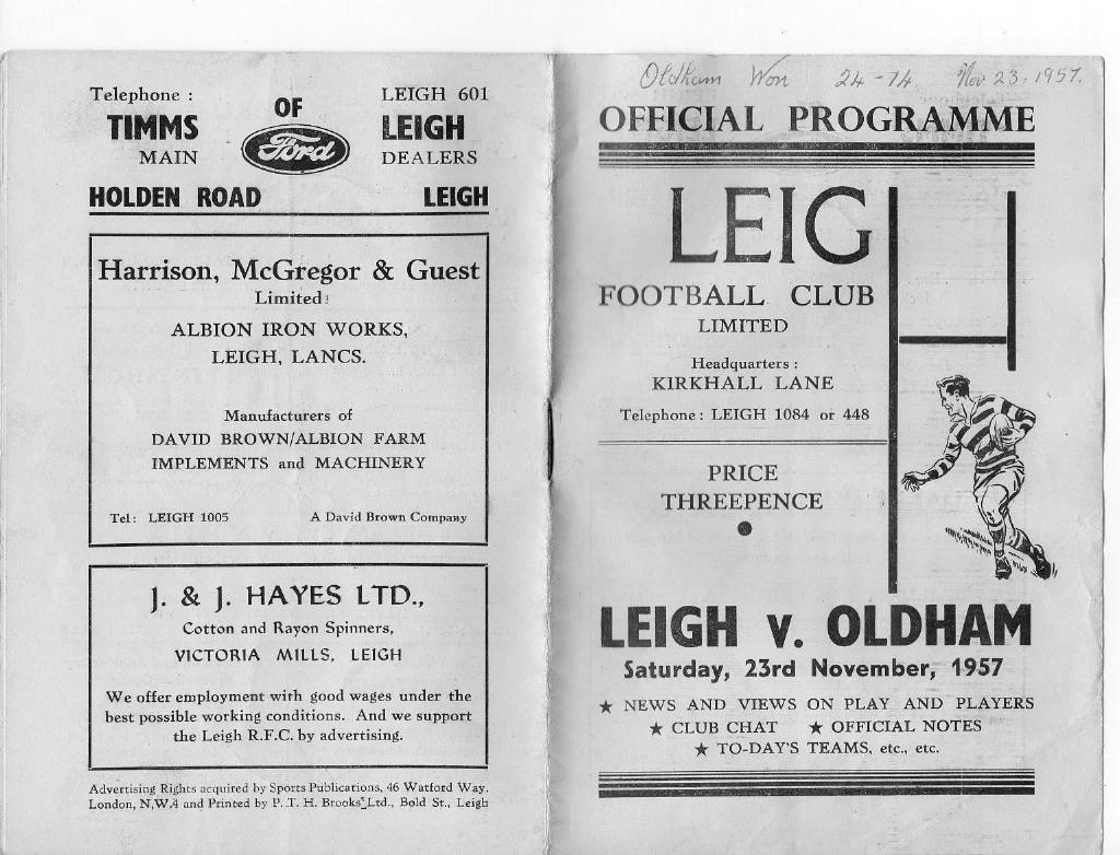 Programme cover: Oldham v Leigh, 23 November 1957