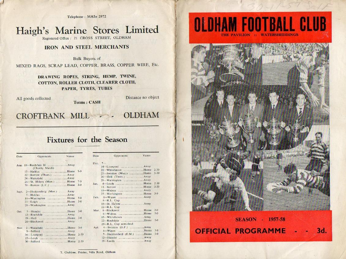 Programme cover: Oldham v Salford, 30 November 1957