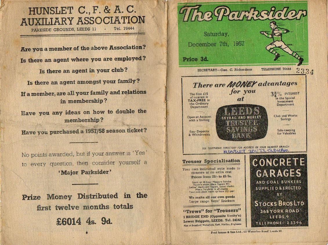 Programme cover: Oldham v Hunslet, 7 December 1957