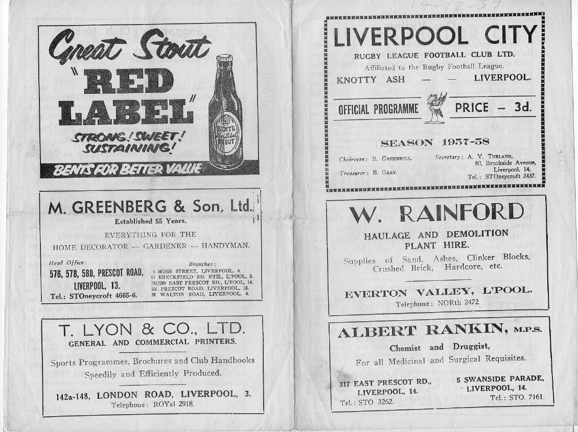 Programme cover: Oldham v Liverpool City, 14 December 1957