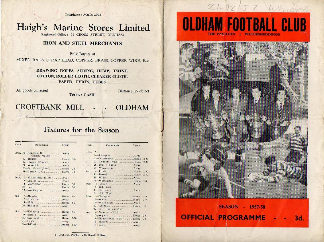 Programme cover: Oldham v Whitehaven, 21 December 1957