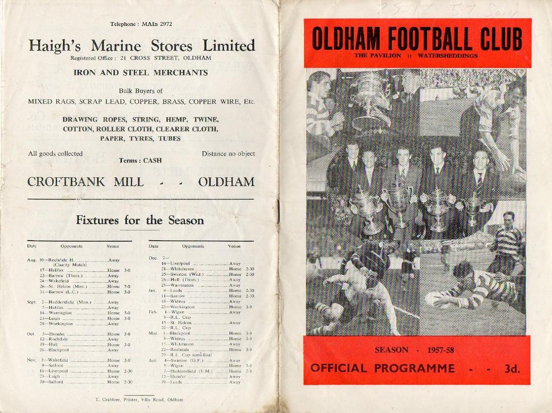 Programme cover: Oldham v Swinton, 25 December 1957