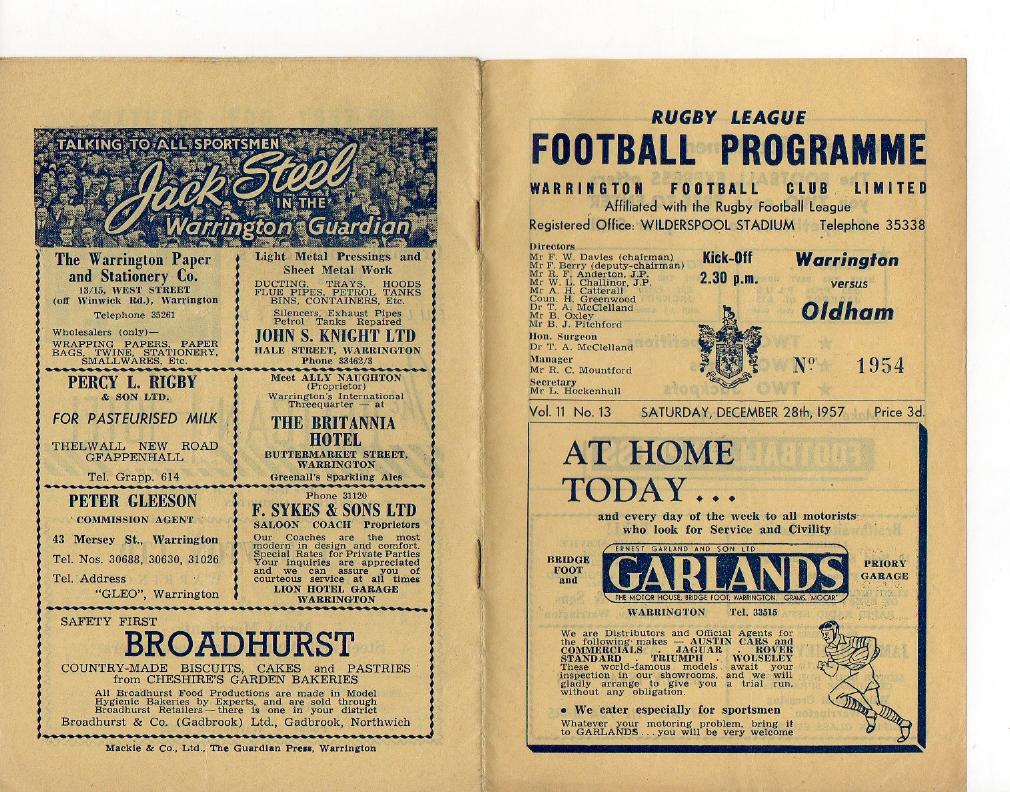 Programme cover: Oldham v Warrington, 28 December 1957
