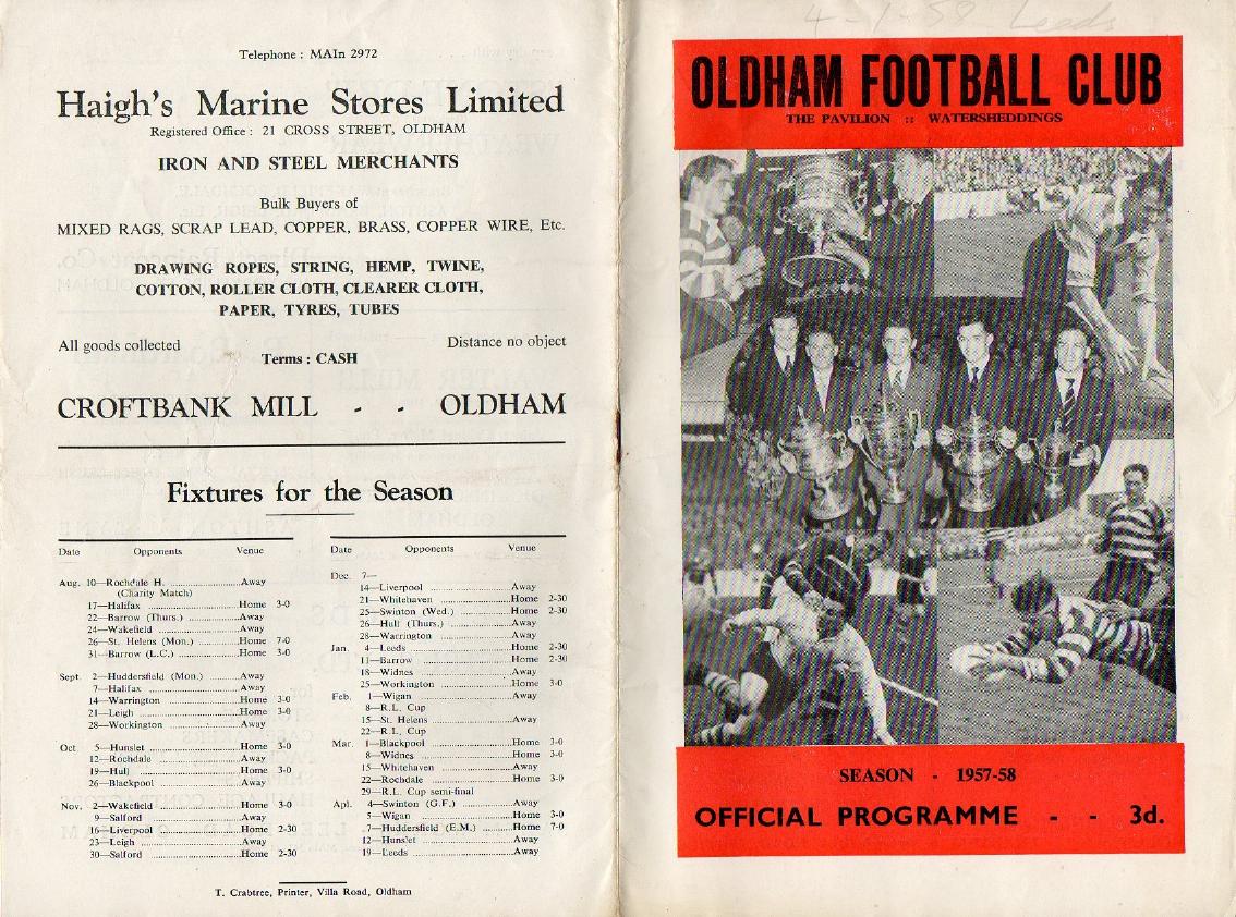 Programme cover: Oldham v Leeds, 4 January 1958