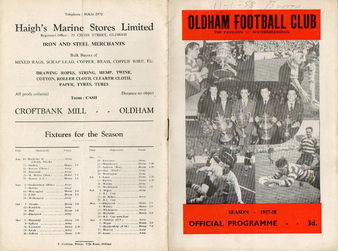 Programme cover: Oldham v Barrow, 11 January 1958