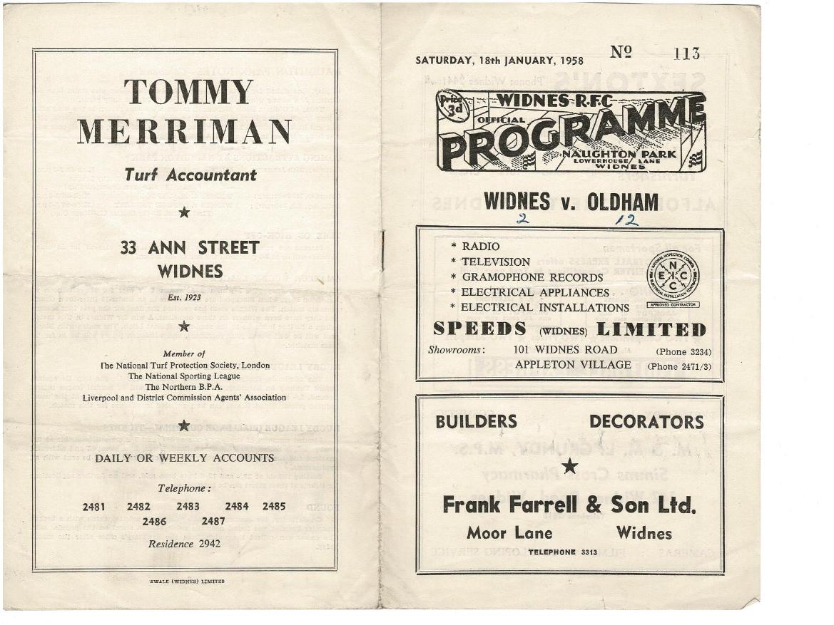 Programme cover: Oldham v Widnes, 18 January 1958