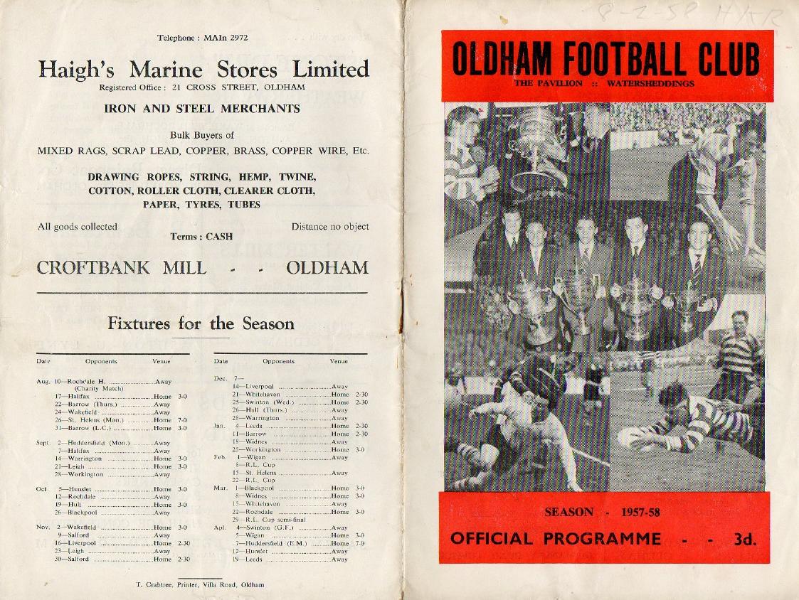Programme cover: Oldham v Hull Kingston Rovers, 8 February 1958