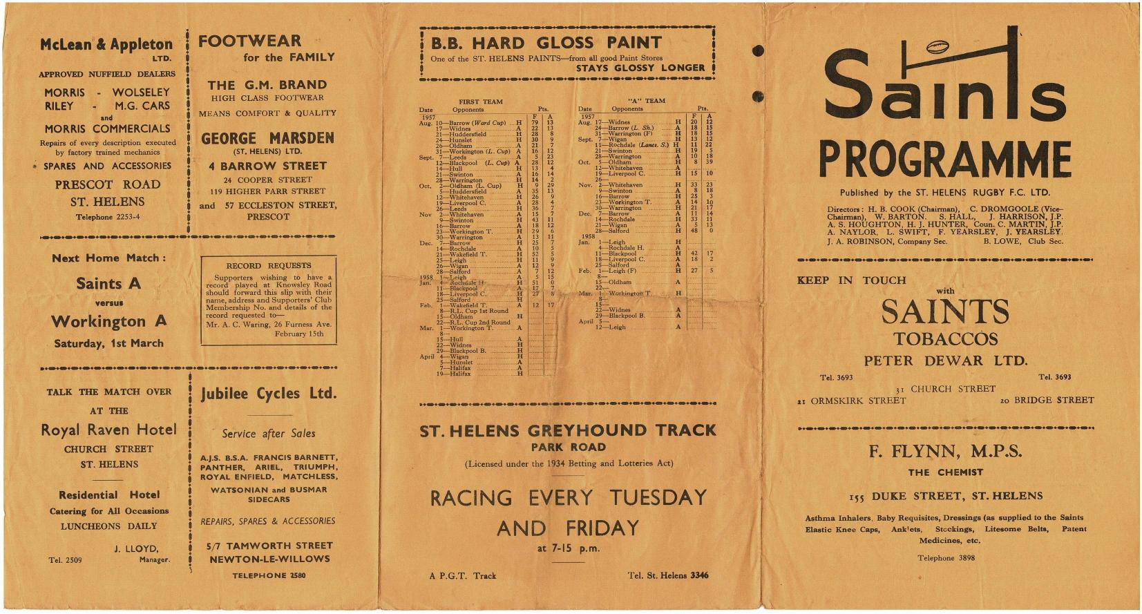 Programme cover: Oldham v St Helens, 15 February 1958