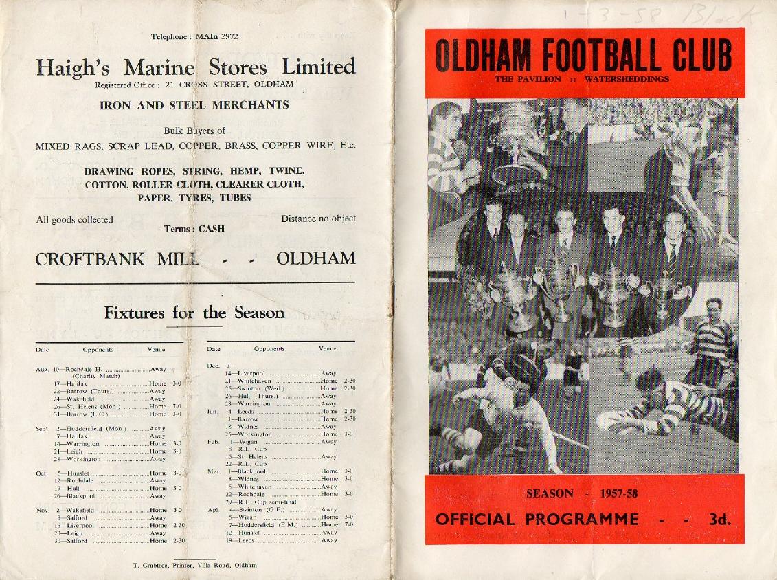 Programme cover: Oldham v Blackpool Borough, 1 March 1958
