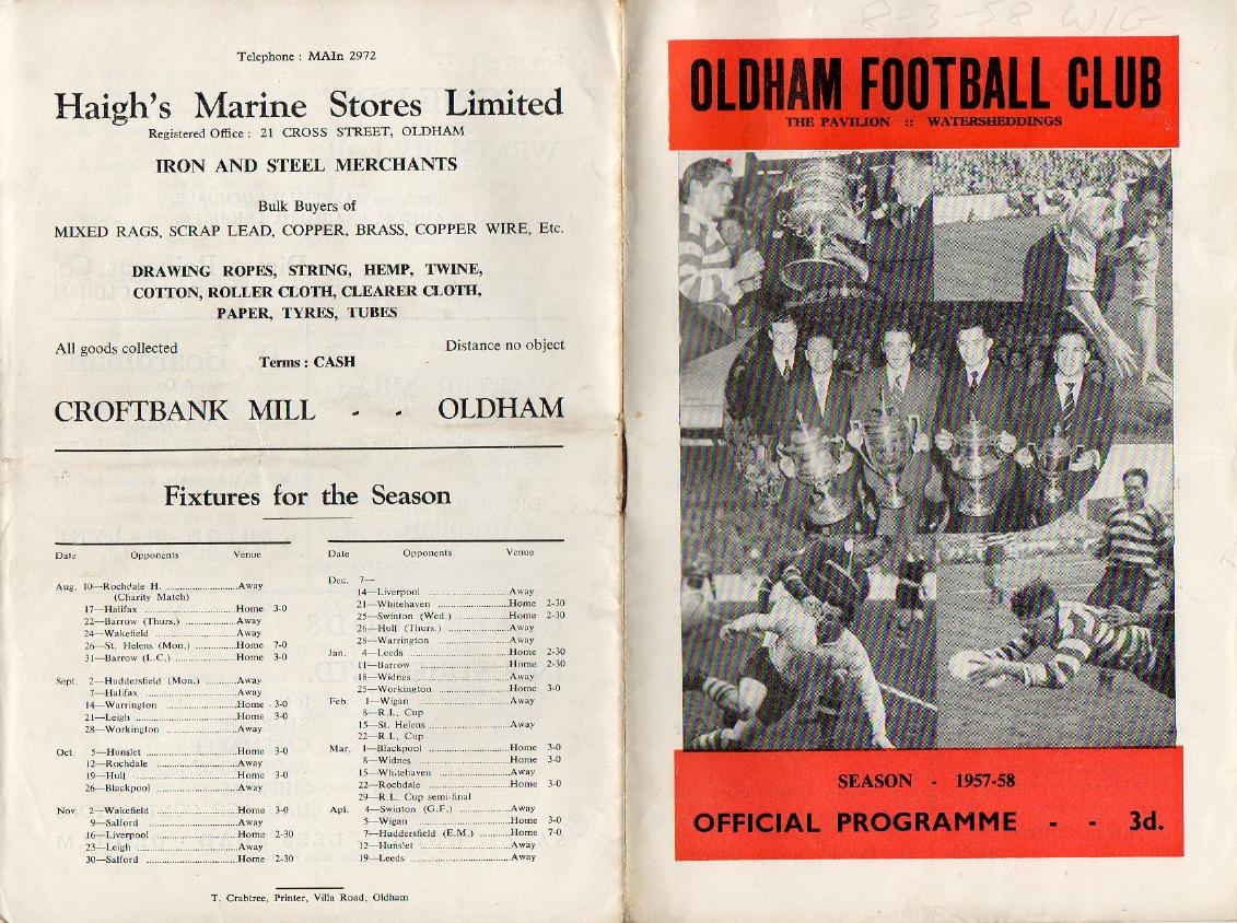 Programme cover: Oldham v Wigan, 8 March 1958