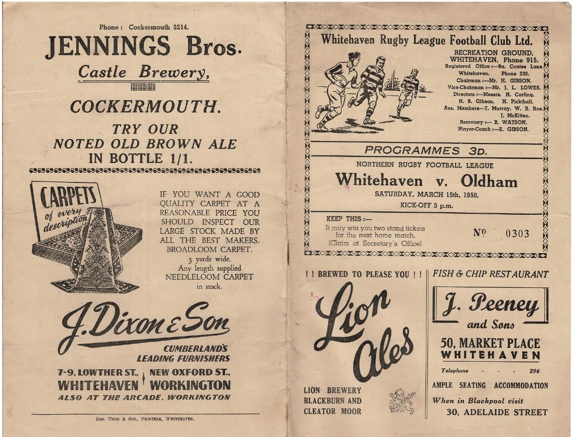 Programme cover: Oldham v Whitehaven, 15 March 1958